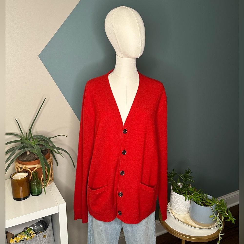 Vintage 90s Polo Ralph Lauren Cashmere Cardigan Sweater Red Y2K Classic Knit L - Picture 2 of 12